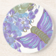 Whimsical Blue and Purple Butterfly & Flowers Beverage Coasters