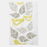 yellow birds with gray messy leaves on white kitchen towels