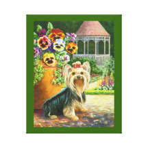 Yorkshire Terrier et belvédère avec des pensées Impressions Sur Toile