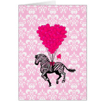 Zèbre vintage et ballons roses de coeur carte de vœux