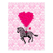 Zèbre vintage et ballons roses de coeur cartes postales