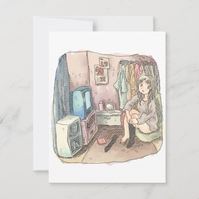 さやしくじ　衣類のかけてある部屋の座椅子に座ってテレビを見ながら靴下をはいている女性のイラスト (Devant)