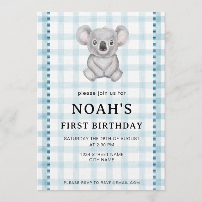 001 Sky Blue Plaid Koala 1st Birthday Invitation (Devant)