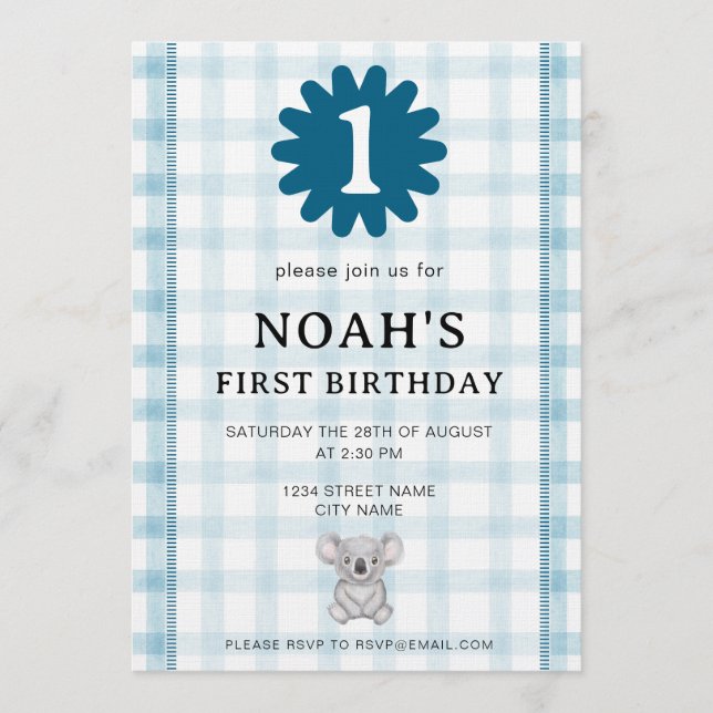 001 Sky Watercolor Check Koala Birthday Invitation (Devant)