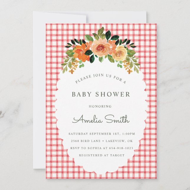 007 Red Floral Gingham Baby Shower Invitations (Devant)