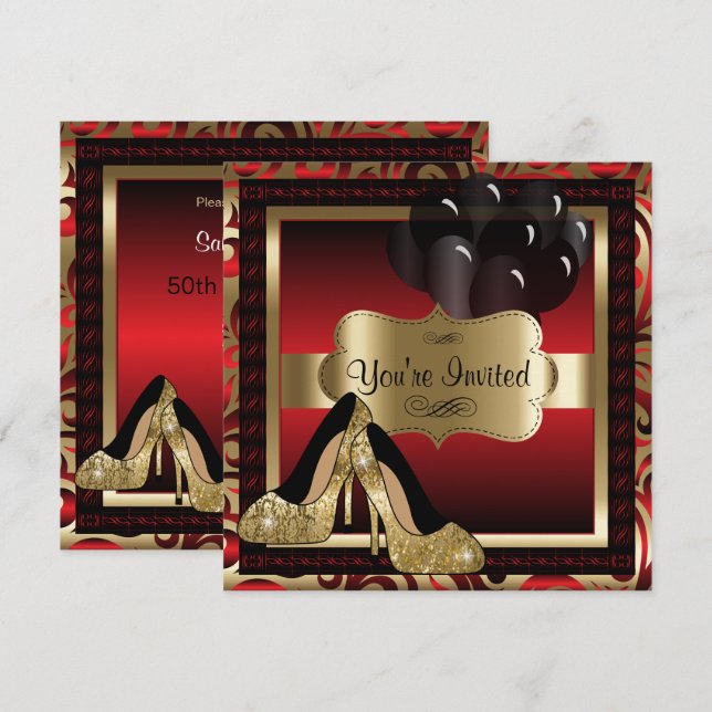 00e anniversaire| Invitation Red & Gold High Heels (Devant / Derrière)