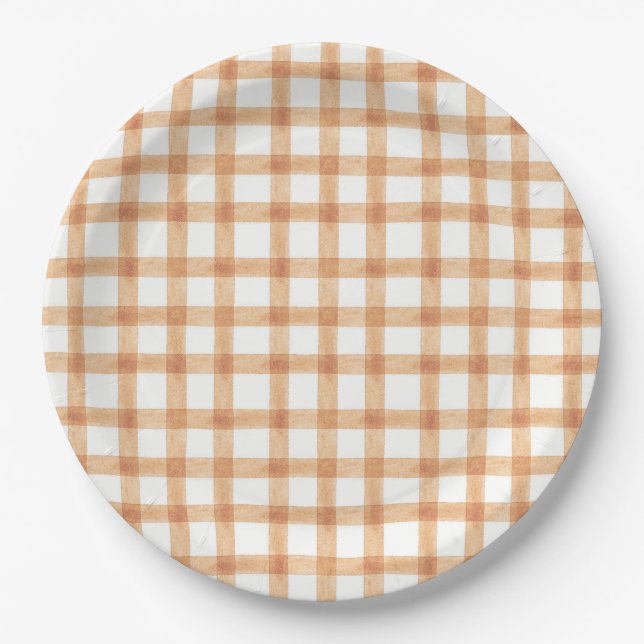 014 Assiettes en papier Gingham Tan Watercolor (Devant)