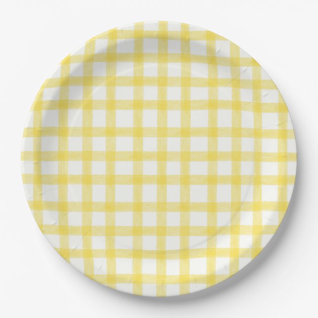 015 Assiettes en papier Gingham jaune citron Aquar (Devant)
