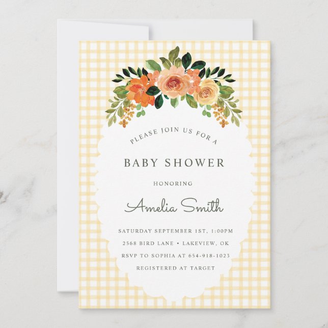 016 Marigold Floral Gingham Baby Shower Invitation (Devant)