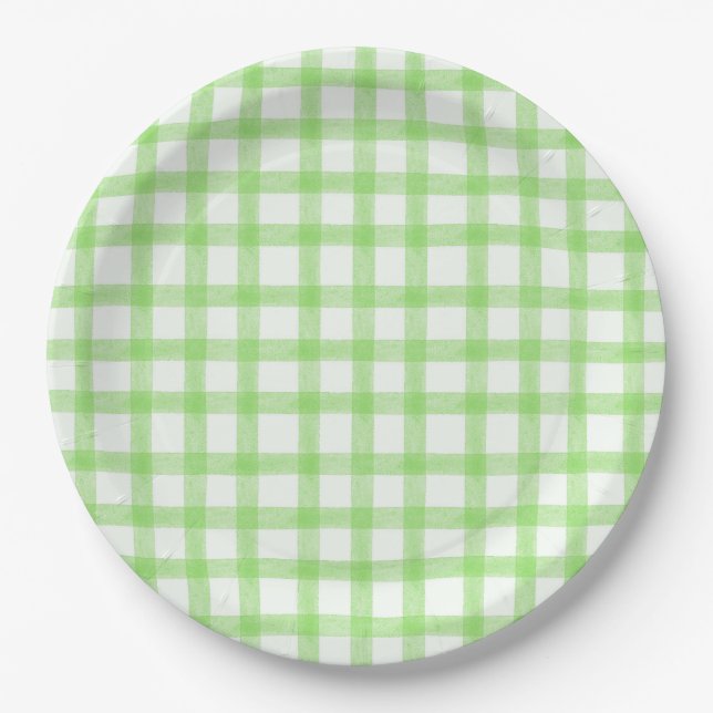 017 Assiettes en papier Gingham Vert Eau Aquarelle (Devant)