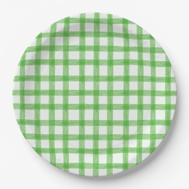 018 Assiettes en papier Gingham Vert Herbe Aquarel (Devant)