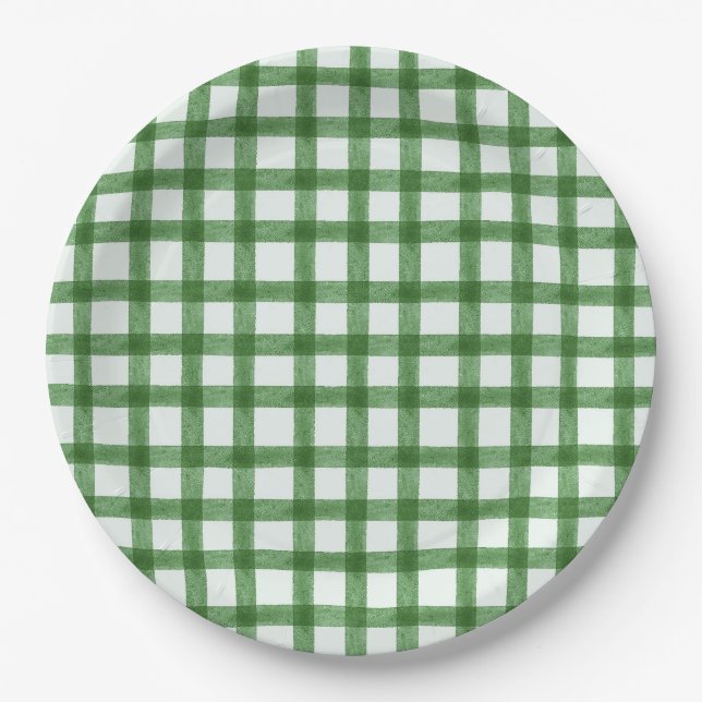 019 Assiettes en papier Gingham Vert Forêt Aquarel (Devant)