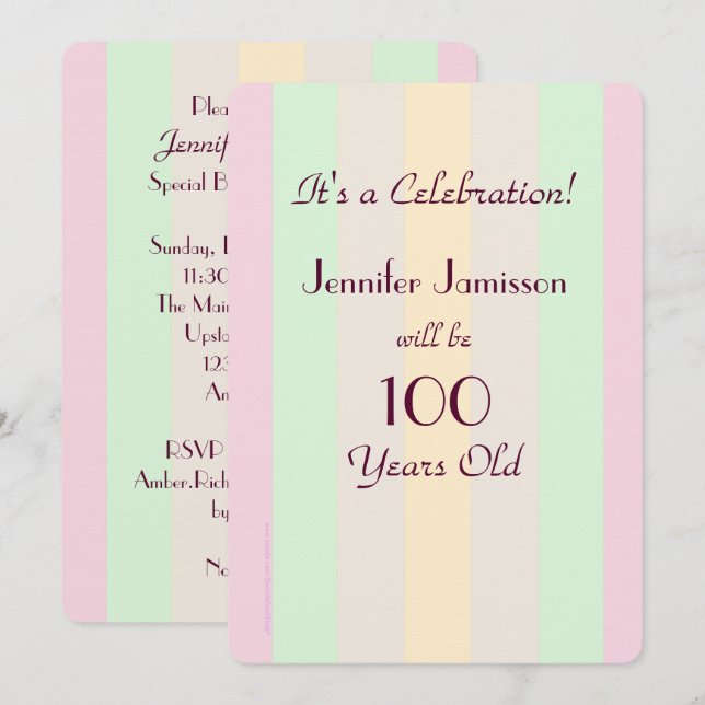 100 ans Pastel Stripe Party Invitation Invitation (Devant / Derrière)