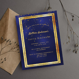 100e anniversaire fête bleu or brillant invitation
