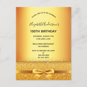 100e anniversaire fête or métal invitation