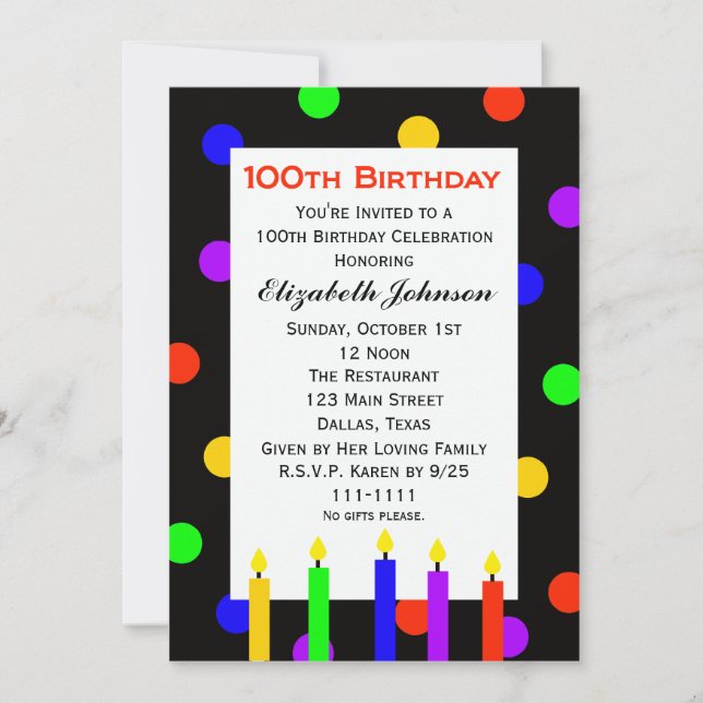 100e anniversaire Invitation fête bougies et point (Devant)