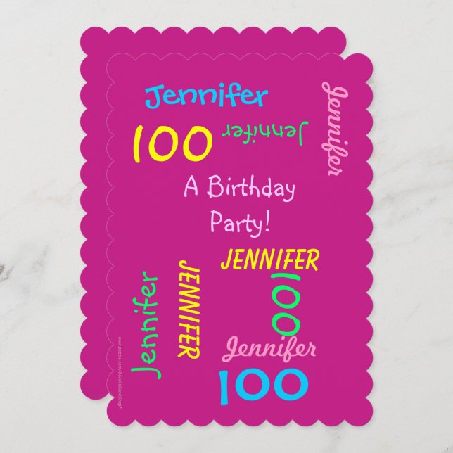 100e anniversaire Invitation fête Hot rose Personn (Devant / Derrière)