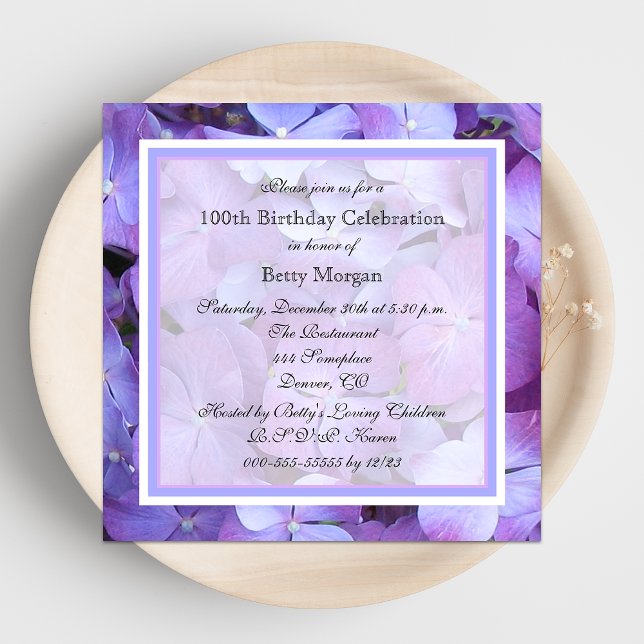 100e anniversaire Invitation fête Purple Hydrangea (Créateur téléchargé)