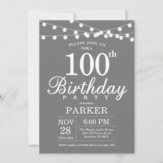 100e anniversaire Invitation Gris et blanc (Devant)