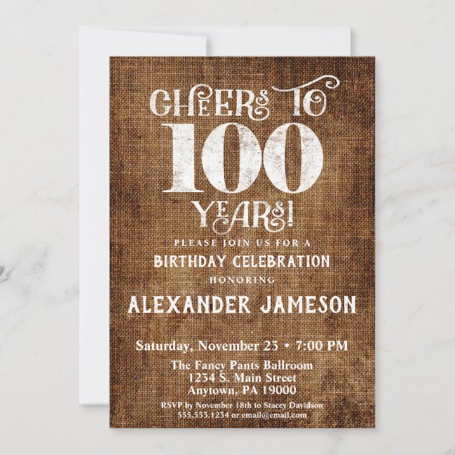 100e anniversaire Invitation Linen Brown Rustique  (Devant)