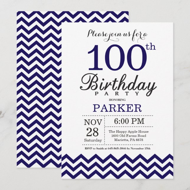 100e anniversaire Invitation Marine Blue Chevron (Devant / Derrière)
