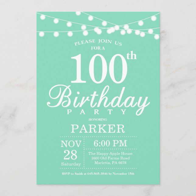 100e anniversaire Invitation Mint Green (Devant)