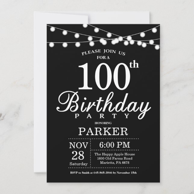 100e anniversaire Invitation noir et blanc (Devant)