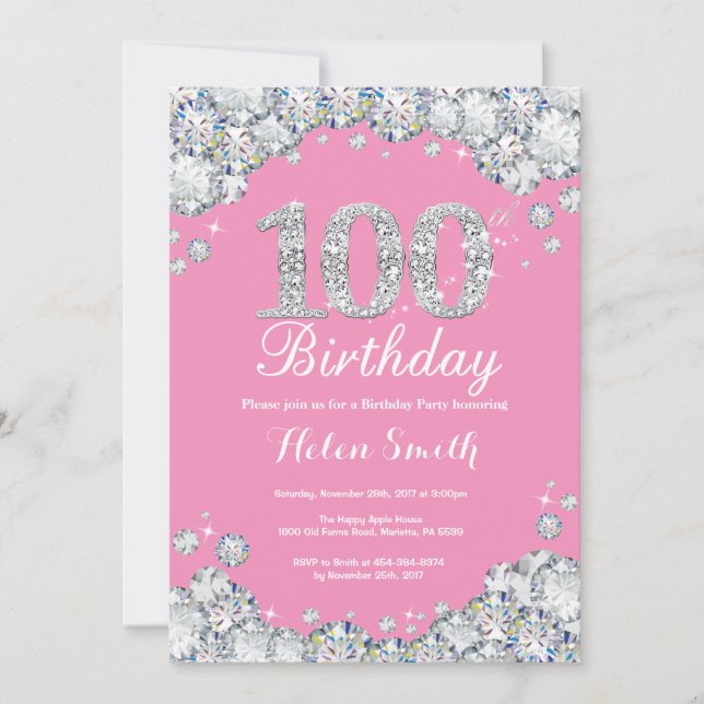 100e anniversaire Invitation rose et diamant d'arg (Devant)