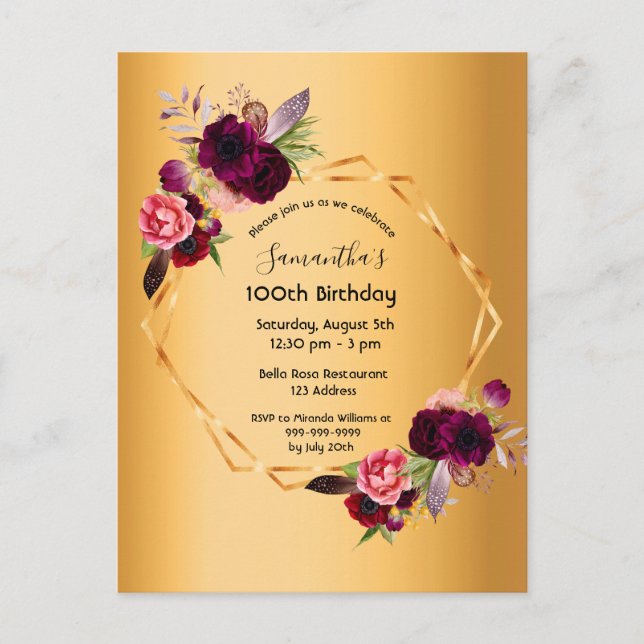100e anniversaire or bouillon bordeaux invitation (Devant)