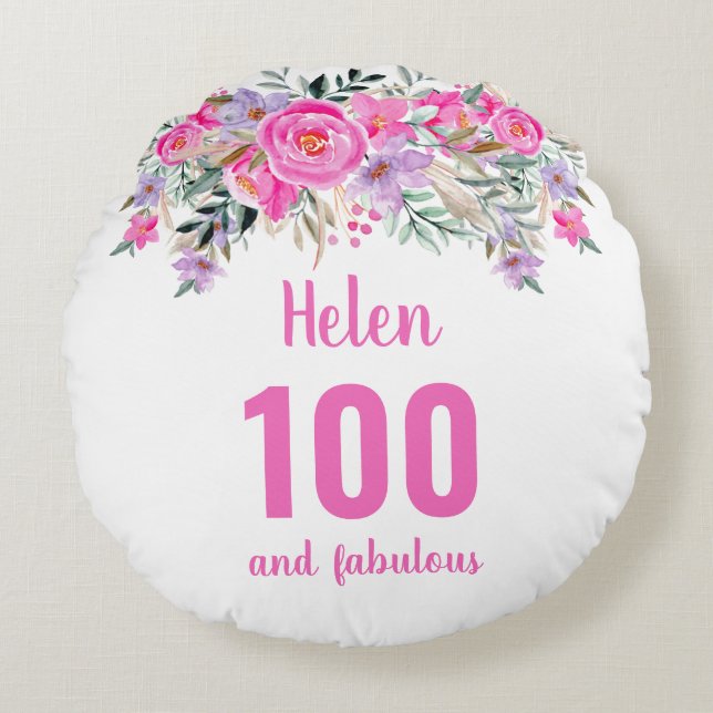 100e anniversaire rose nom floral ronde coussin (Devant)