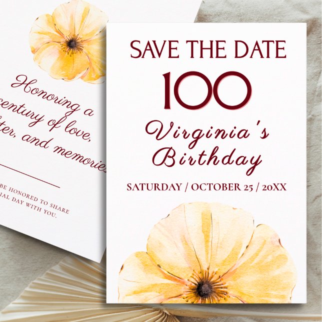 100th Birthday Yellow Flower, Modern Save the Date (Créateur téléchargé)