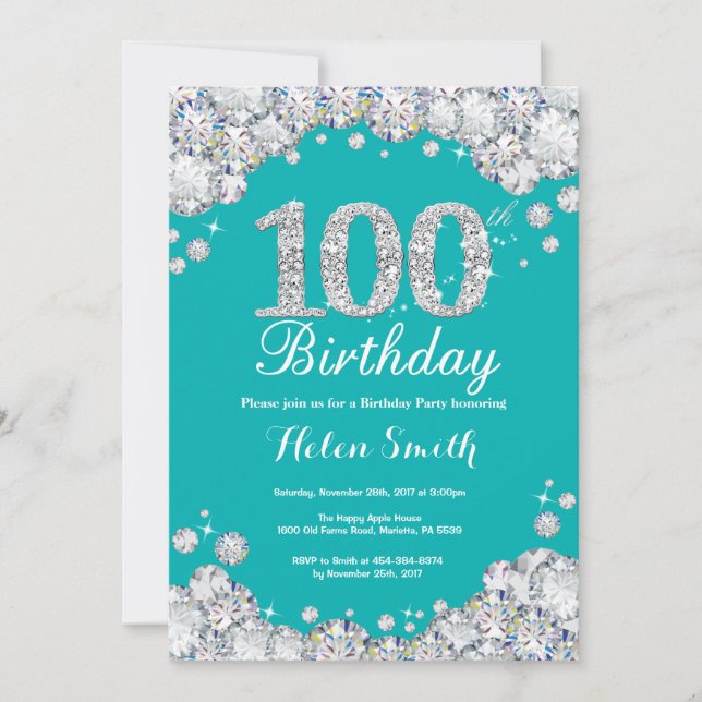 100th Invitation Teal d'anniversaire et diamant (Devant)
