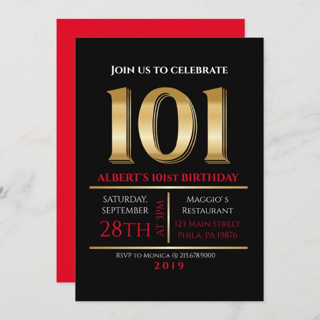 101e anniversaire Gold Black Party Invitation (Devant / Derrière)