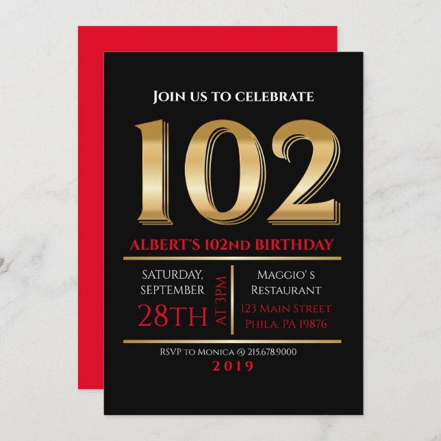 102e anniversaire Gold Black Party Invitation (Devant / Derrière)