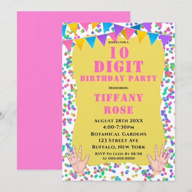 10 Chiffres Confetti Invitations de fête d'anniver (Devant / Derrière)