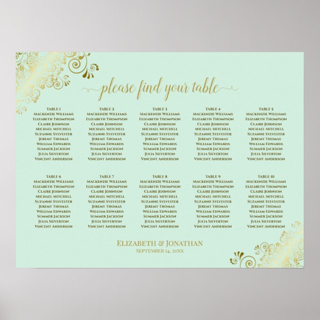 10 Tableau Mariage Plat Mint Vert & Or (Devant)