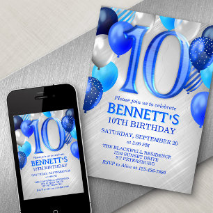 10e anniversaire Ballons Bleus Invitation