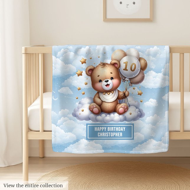 10e anniversaire couverture cadeau avec nom teddy  (10th birthday gift blanket with custom teddy name)