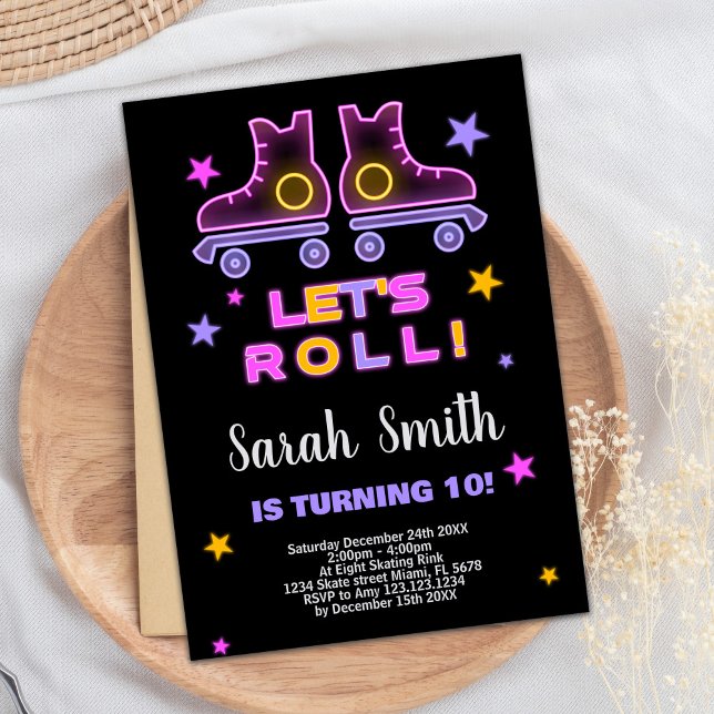 10e Neon Patinage rose violet Invitations d'annive (10th Neon Pink Purple Skating Birthday Invitations)