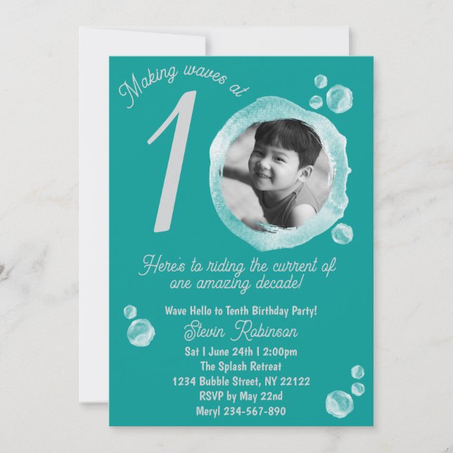 10th Ocean Teal Bubble Birthday Party Invitation (Devant)