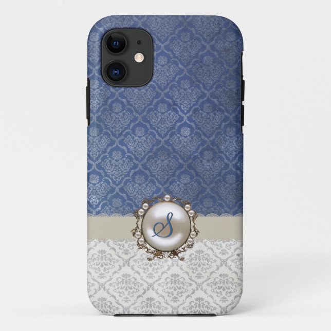 11 Chic Blue & Winter White Damask iPhone 5 Coque (Dos)