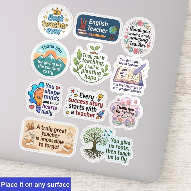 11-Pack de citations | Autocollants de reconnaissa (teacher appreciation sticker pack, retro teacher quote decals)