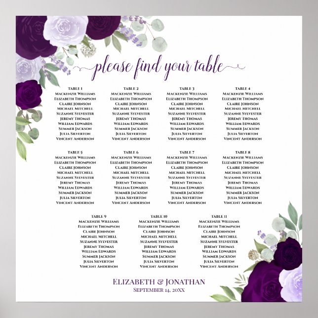 11 Tableau Chic Purple Rose Mariage Siège (Devant)