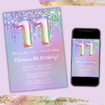 11e anniversaire Invitation fête rose violet Parti<br><div class="desc">Invitation à la fête du 11e anniversaire parties scintillant rose violet goutte à l'invitation de la fête du 11e anniversaire pour une fille de 11 ans avec écriture de script moderne et des ballons de papier à papier amusant.</div>