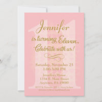 11e anniversaire Invitation Filles Coeurs d'or ros