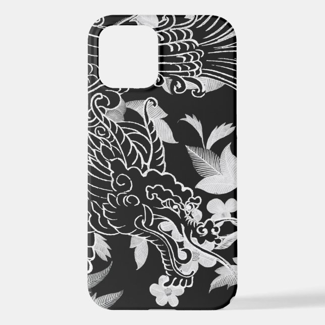 12 Dragon asiatique - Noir sur coque iphone Floral no (Verso)