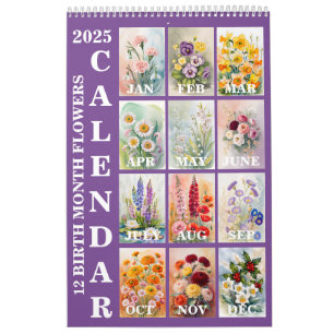 12 Fleurs du mois de naissance 2025 Calendrier mur