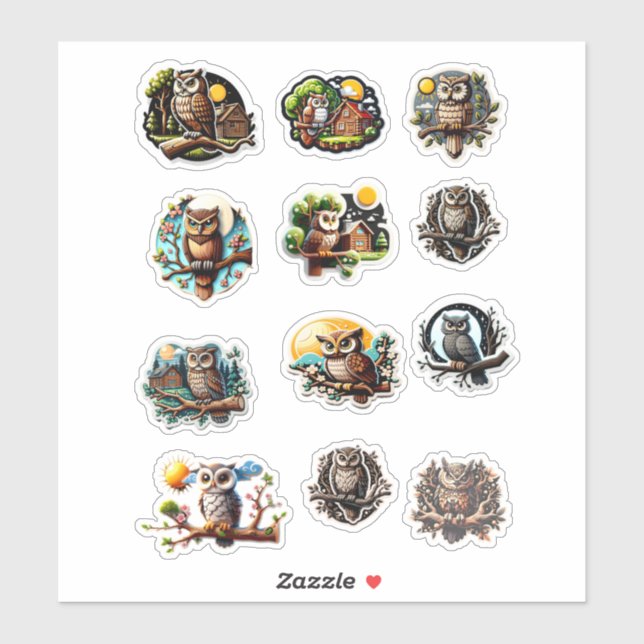 12 Stickers Chouette différents (Feuille)