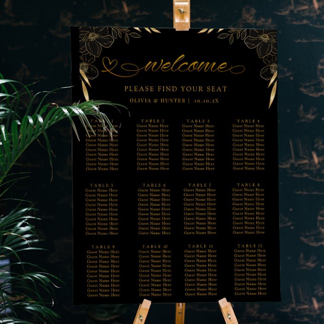 12 Tableau Élégant Mariage noir Tableau de siège (Black and Gold Floral Wedding seating chart)