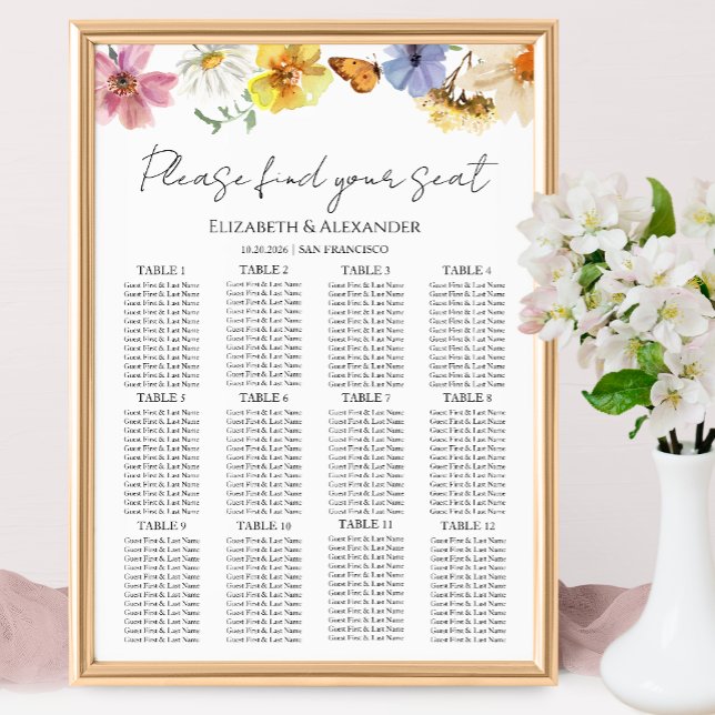 12 Tableau Fleur sauvage Boho Mariage Siège  (Créateur téléchargé)